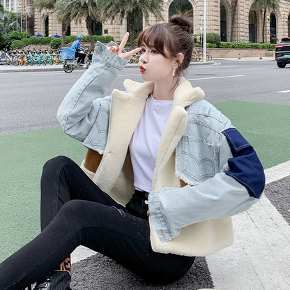 Women's Sense Niche Loose Fur Integrated Suede Lamb Denim Coats