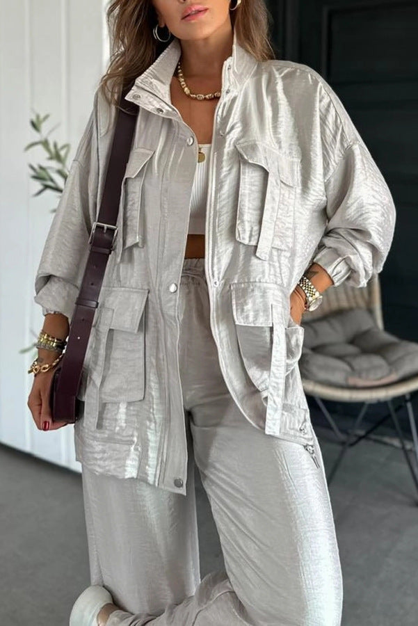 Women's Solid Color Fashion Long-sleeved Three-dimensional Pocket Coats