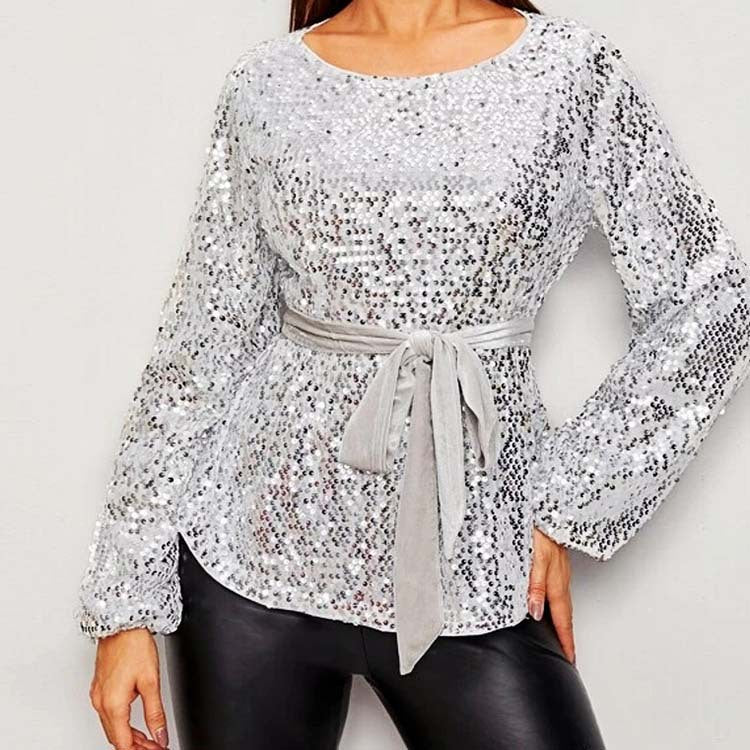 Women's Veet Belt Sequin Fashion Personality Pullover Tops