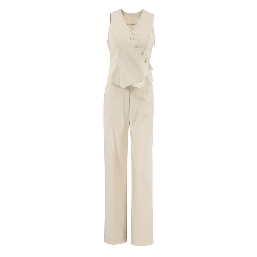 Women's Cotton Linen Khaki Two-piece Autumn Casual Suits