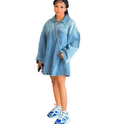 Women's Dress Fashion Polo Collar Loose Denim Dresses