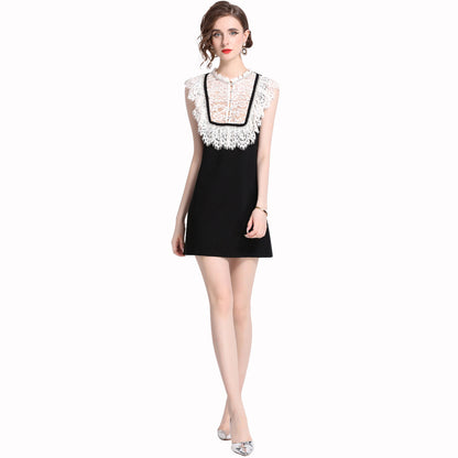 Collar Water Soluble Lace Rhinestone Sleeveless Color-matching Dresses