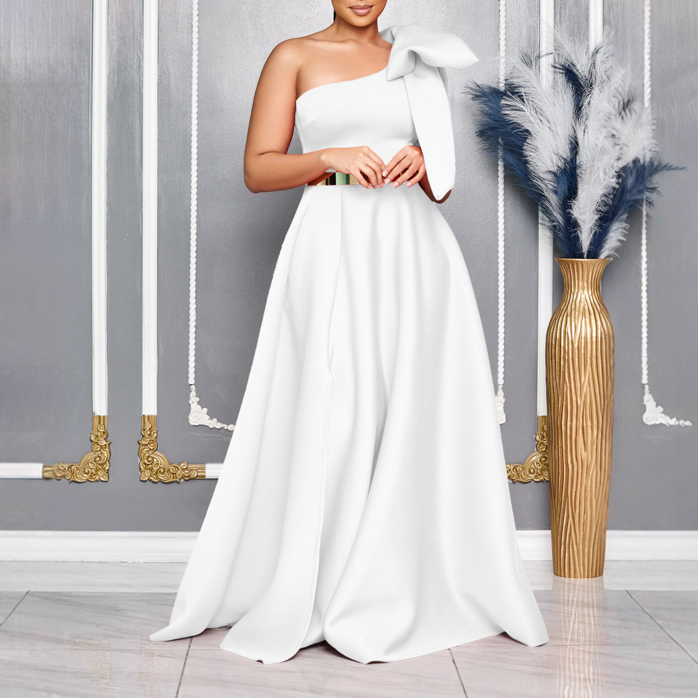 Graceful Fashionable Oblique Shoulder Bow Banquet Dresses