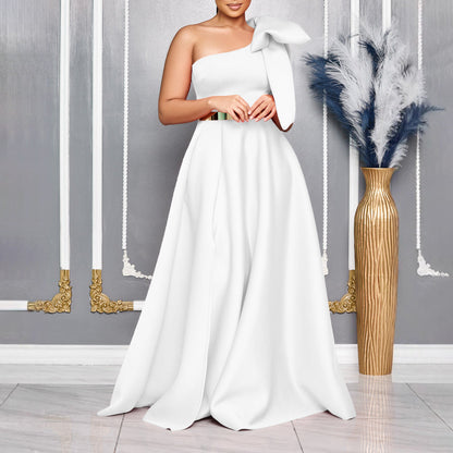 Graceful Fashionable Oblique Shoulder Bow Banquet Dresses