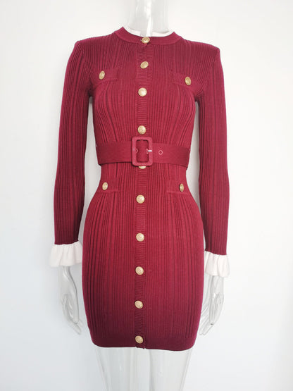 French Style Contrast Color Round Neck Knitted Dress Dresses