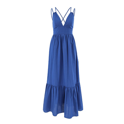 Women's Blue Suspender Summer Loose Casual Cotton Linen Dresses