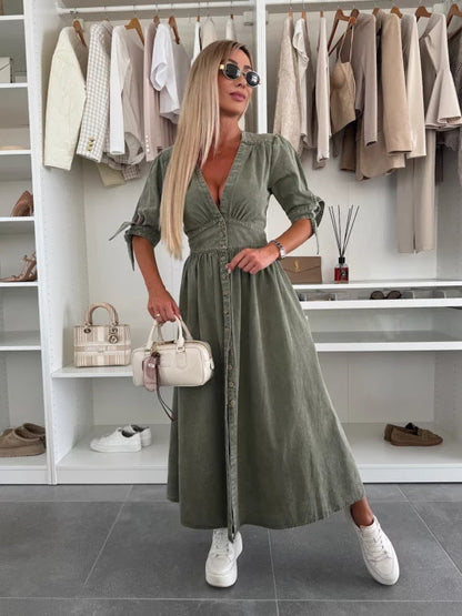 Women's Fashion Long Collar Sleeve Loose Denim Button Dresses