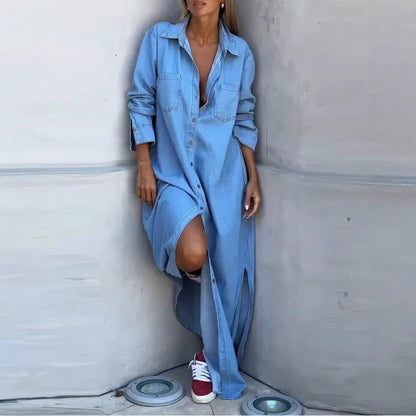 Women's Spring Lapel Long Sleeve Denim Wear Dresses