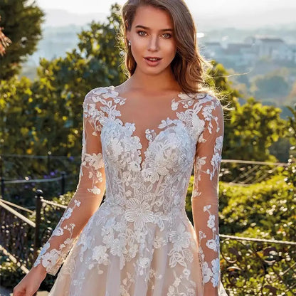 White Bridal Dress Long-sleeved Tight Waist Wedding Dresses