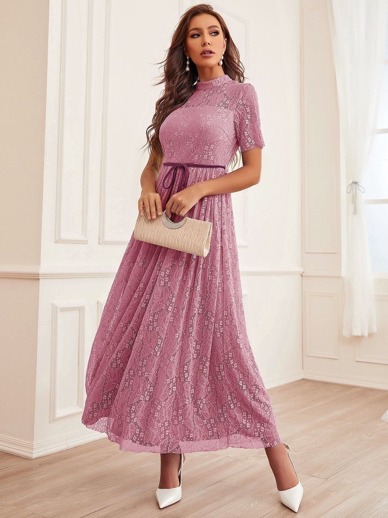 Women's Elegant Lace Round Neck Sleeve A- Dresses
