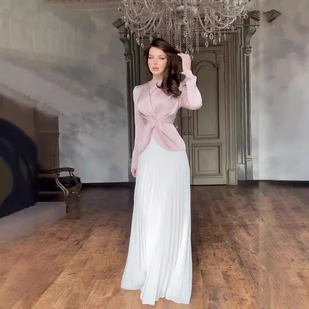 Women's Autumn Fashion Color Contrast Pleated Maxi Dresses