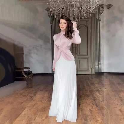Women's Autumn Fashion Color Contrast Pleated Maxi Dresses