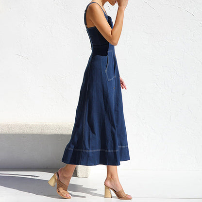 Strap Distressed Casual Style Button Denim Dresses
