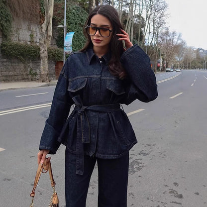 Elegant Lapel Belt Denim Long Sleeve Suits