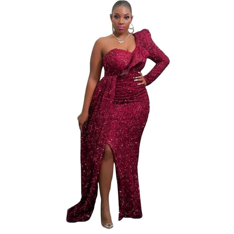 Women's African Dress Fashion One Shoulder Sequin Dresses