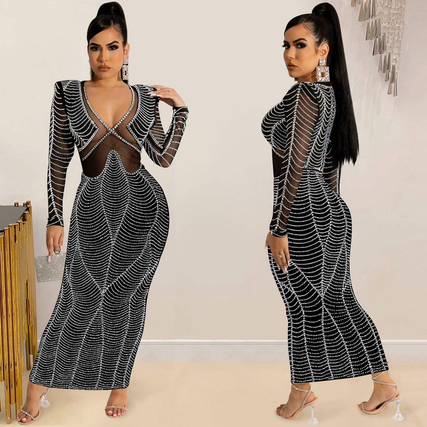 Women's Sexy Nightclub Rhinestone Mesh Long Sleeve Dresses