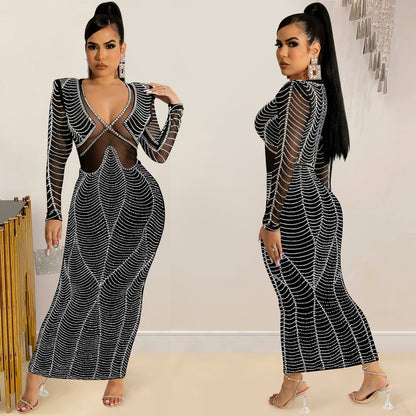 Women's Sexy Nightclub Rhinestone Mesh Long Sleeve Dresses