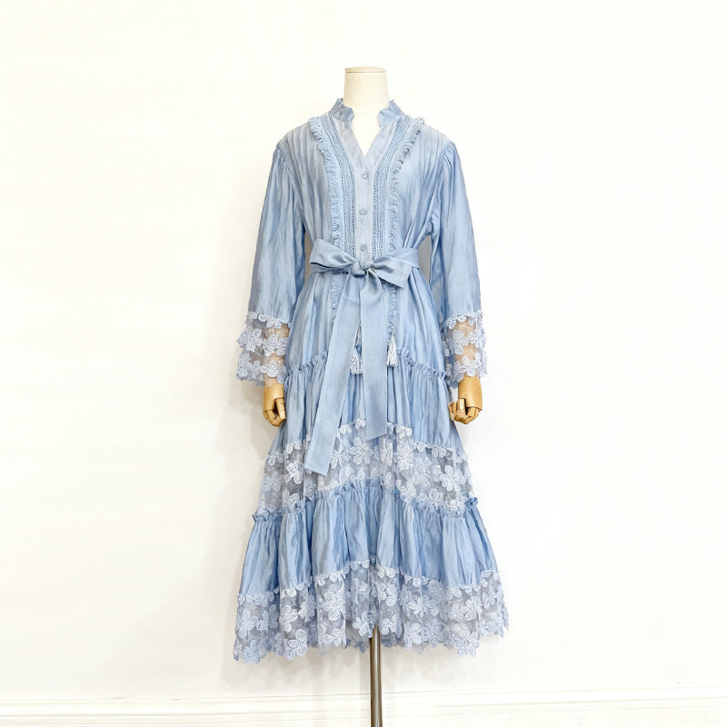 Women's Lace Embroidery Stitching Ruffled Long Dress Dresses