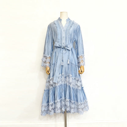 Women's Lace Embroidery Stitching Ruffled Long Dress Dresses