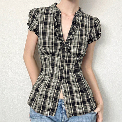 Women's Organ Pleated Solid Color Collar Short-sleeved Blouses