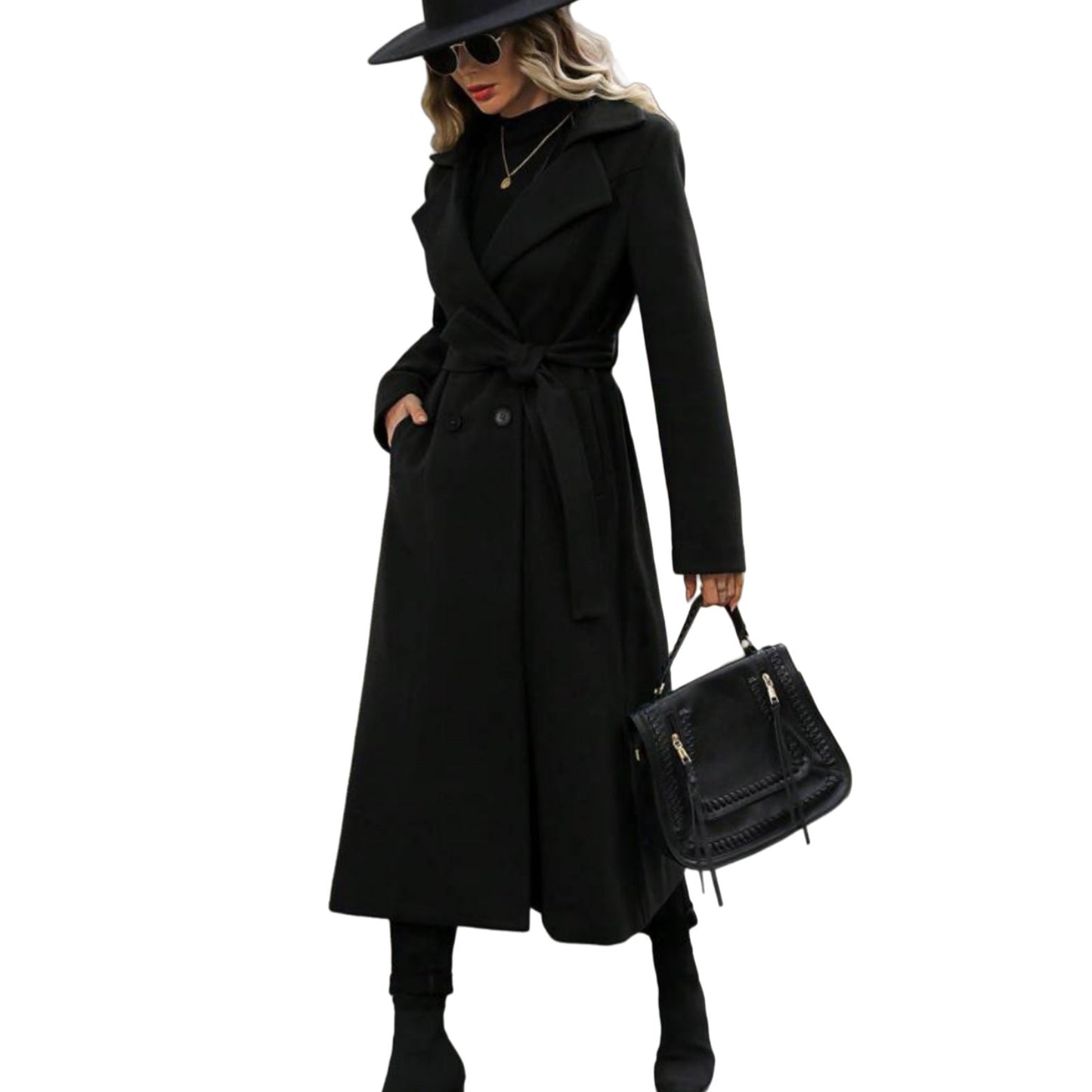 Women's Lapel Woolen Lace Up Double Breasted Extended Coats