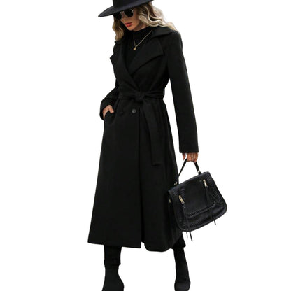 Women's Lapel Woolen Lace Up Double Breasted Extended Coats