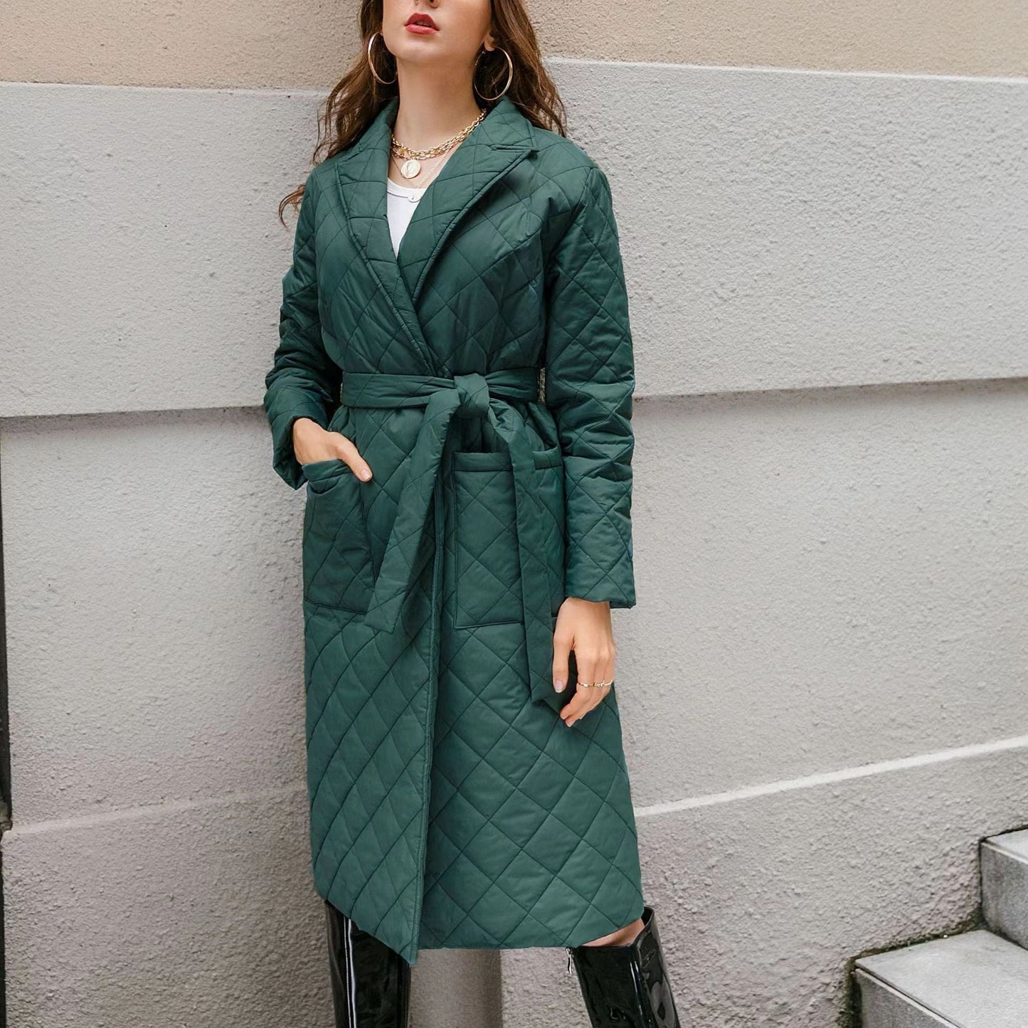 Women's Fashion Polo Collar Clothes Mid-length Belt Coats