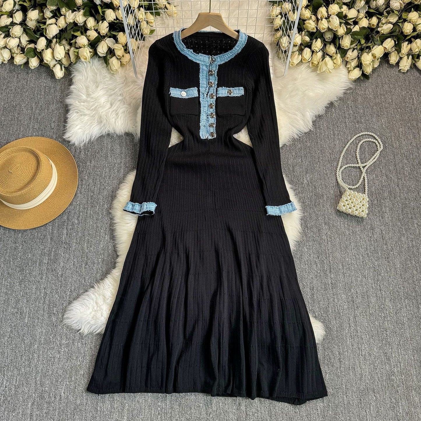 Stitching Denim Knitted Dress Simple Elegant Dresses