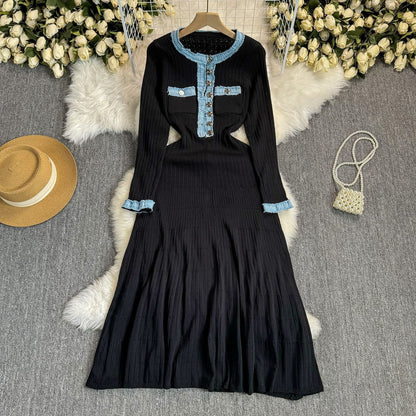 Stitching Denim Knitted Dress Simple Elegant Dresses