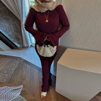 Women's Color Round Neck Long Sleeve Slim Fit Stringy Dresses