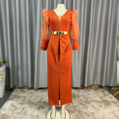 Women's Style Puff Sleeve Long-sleeved Rhinestone Long Dresses