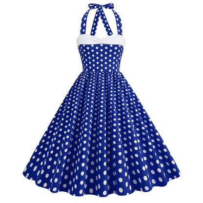 Women's Polka Dot Stitching Halter Hepburn Vintage Dresses