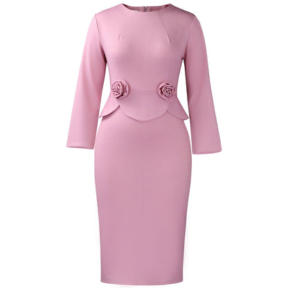 Women's Fashion Round Neck Long Sleeve Solid Dresses