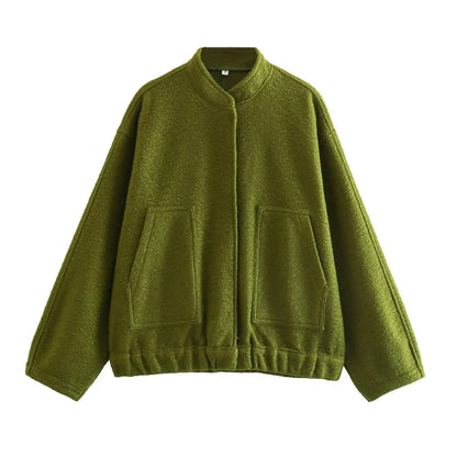 Women's Color Loose Casual Street Stand Collar Hidden Coats
