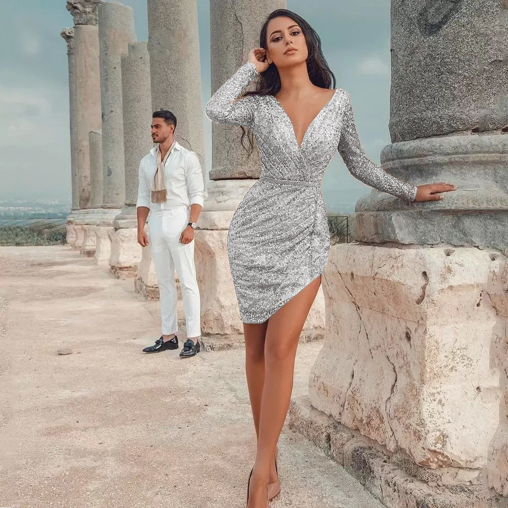 Women's Sexy Deep V Long Sleeve Slim Dresses