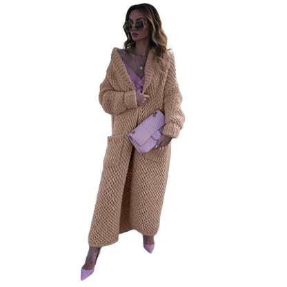 Women's Winter Lapel Knitted Solid Color Long Sweaters