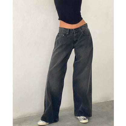 Women's Retro Low Waist Washed Straight Autumn Street Wide Leg Jeans
