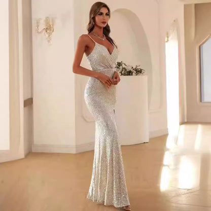 Women's Sequined Suspender Deep V Gown Fishtail Dresses