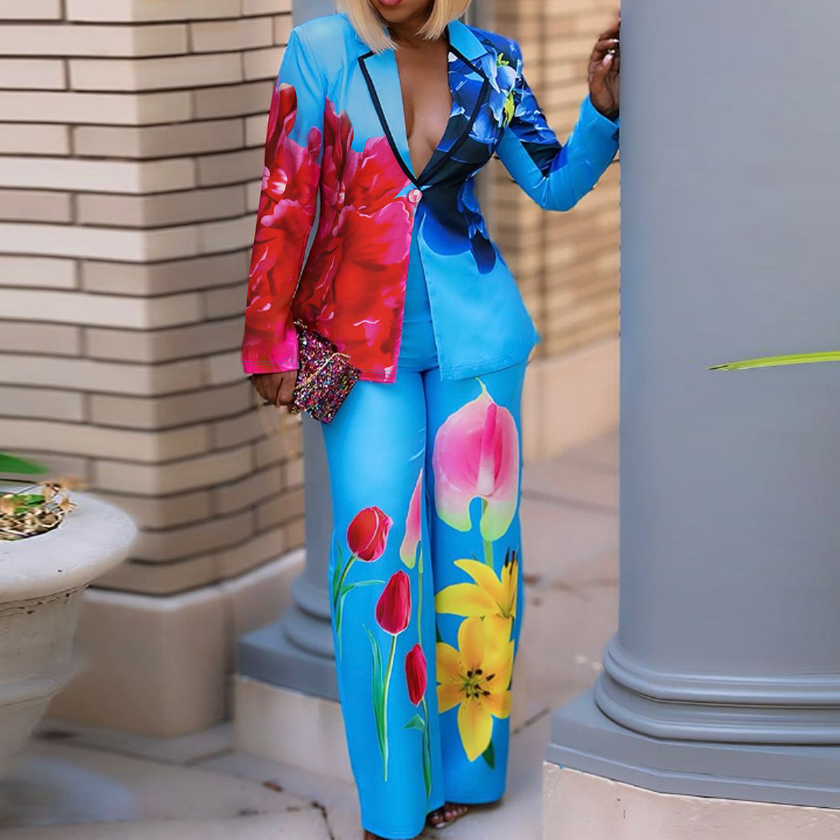 Women's Single Button Placket Casual Two-piece Set Suits