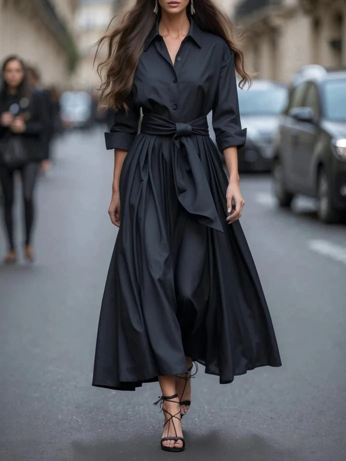 Women's Long Sleeve Pure Color Tied Lapel Dresses