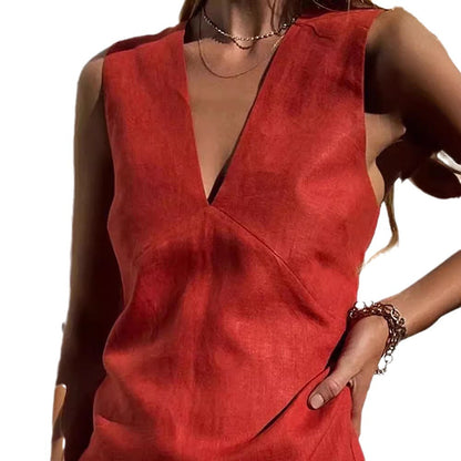 Women's Cotton Linen Sleeveless Dress Summer Basic Solid Dresses