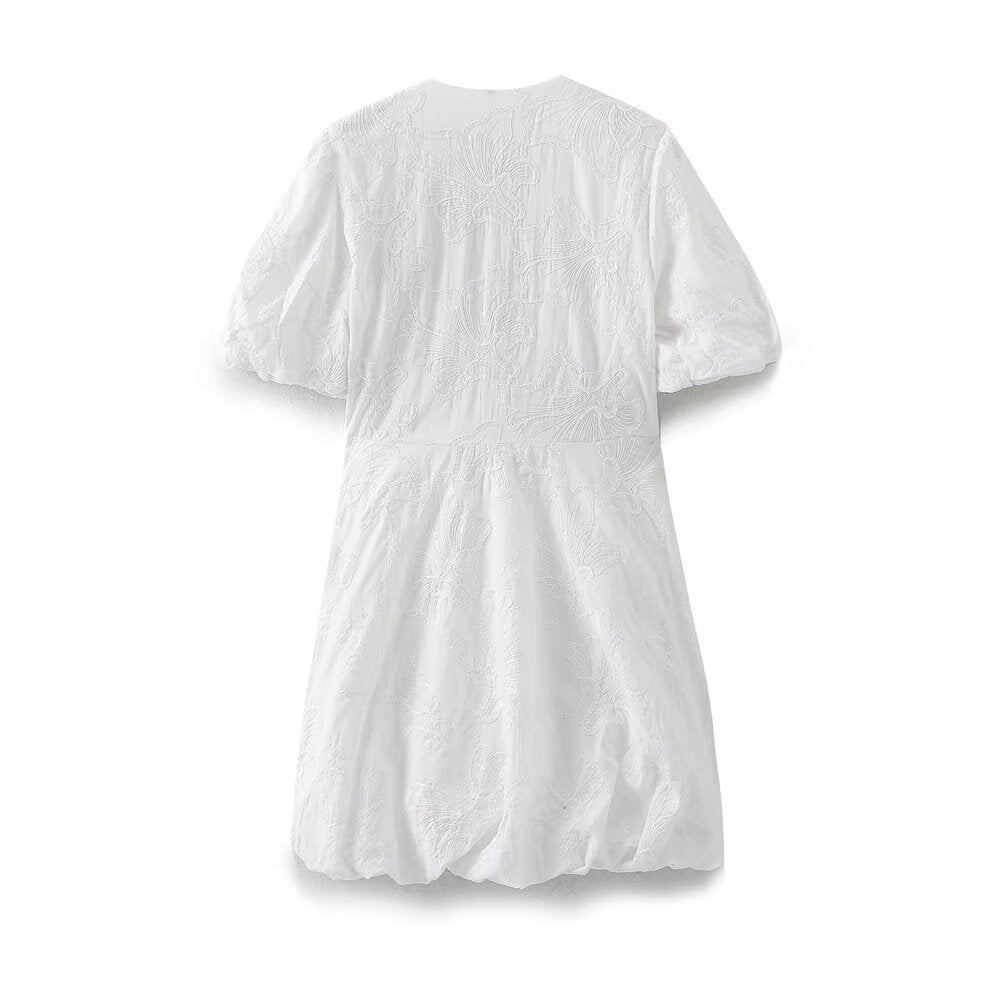Women's Summer White Embroidery Puff Sleeves Mini Dresses