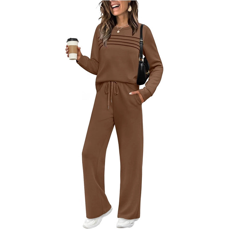Women's Autumn Long Sleeve Round Neck Casual Elastic Waist Trousers Suits