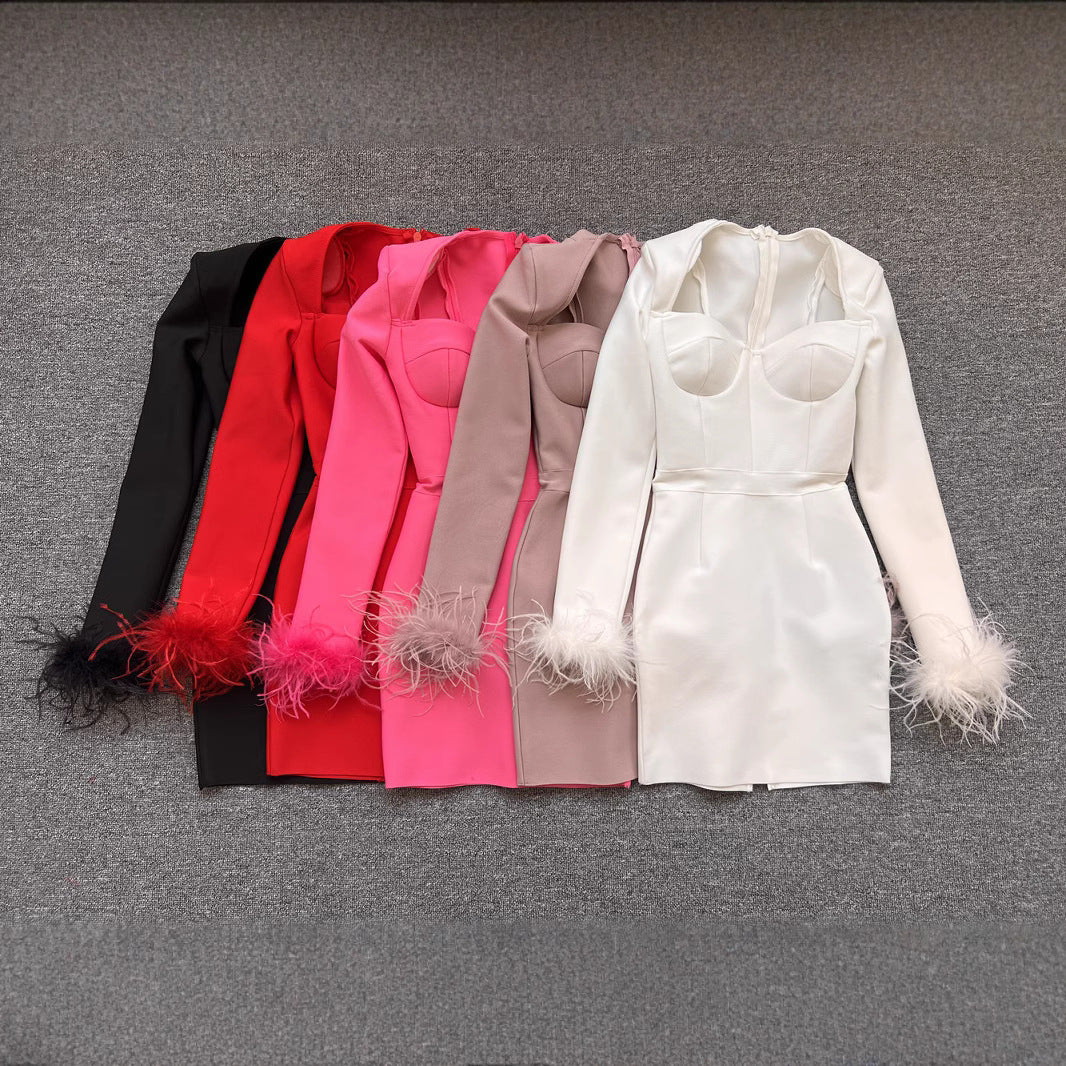 Women's Fashion Temperament Long Sleeve Tight Feather Dresses