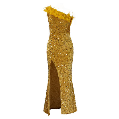 Temperament Diagonal Collar Banquet High Waist Slit Dresses