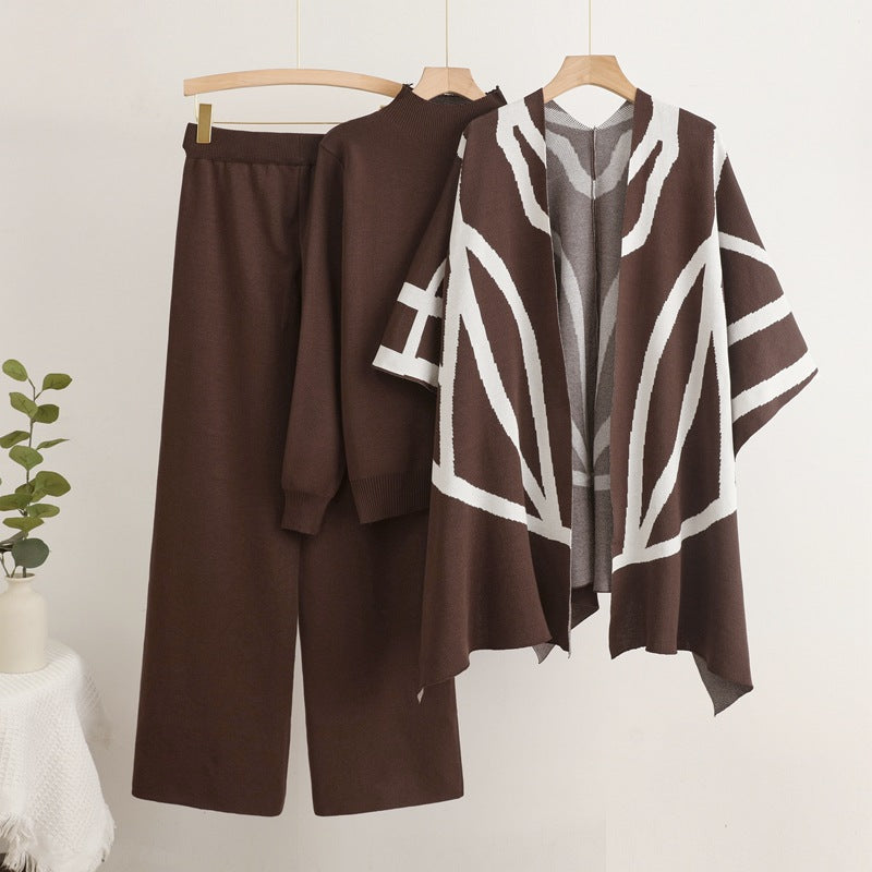 Women's Temperament Idle Style Knitted Shawl Cape Wide Leg Suits