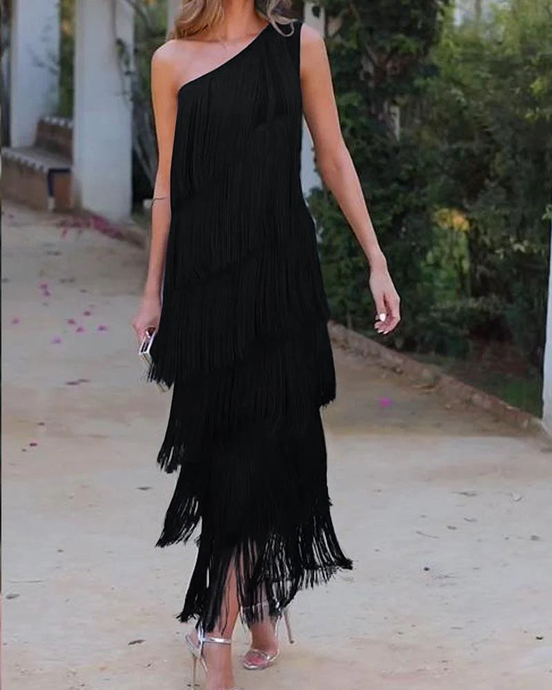 Classy Fashion Tassel Shoulder Asymmetric Dress Dresses