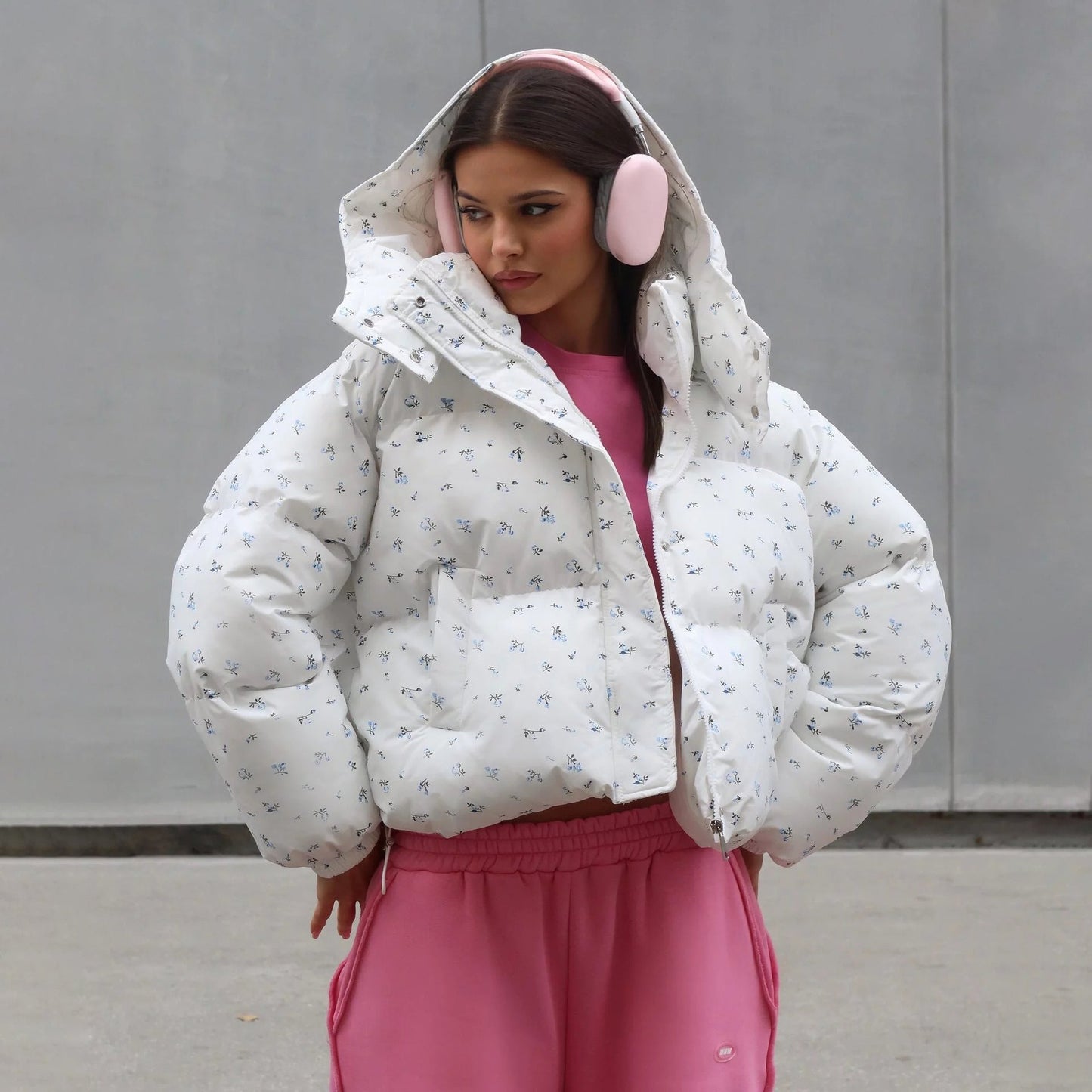 Women's Floral Bread Hoodie With Drawstrings Cotton Coats