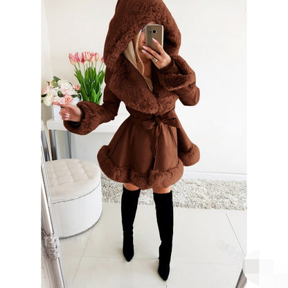 Women's Pure Color Belt Classic Style Fur Coats