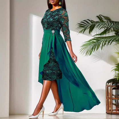 Women's Lace Detachable Chiffon Irregular Hem Dress Dresses